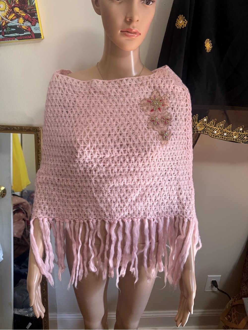 Pink Crochet Fringe Poncho with Floral Accent